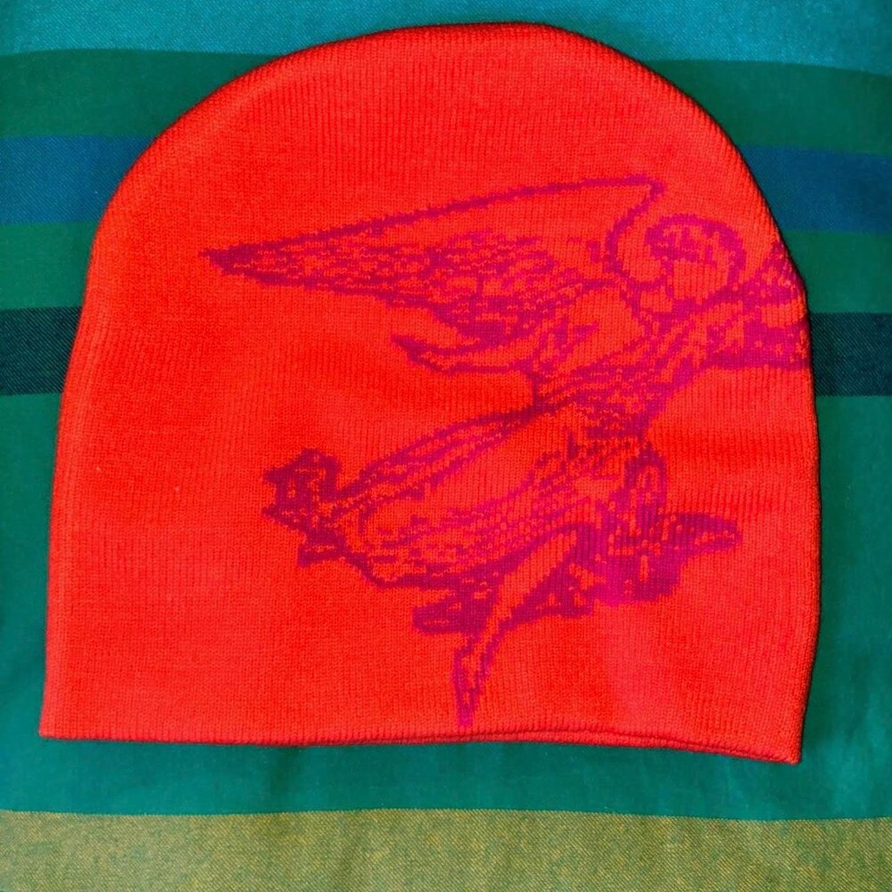 NWOT John Fluevog bright neon orange oversized beanie with cool magenta angel